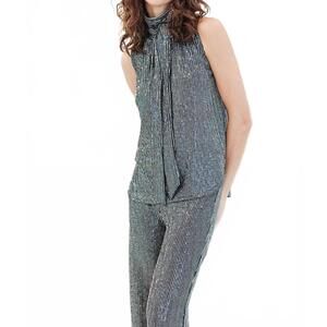 NEW CLARA SUN WOO shimmer sequin mock neck-tie detail top in silver pinstripe